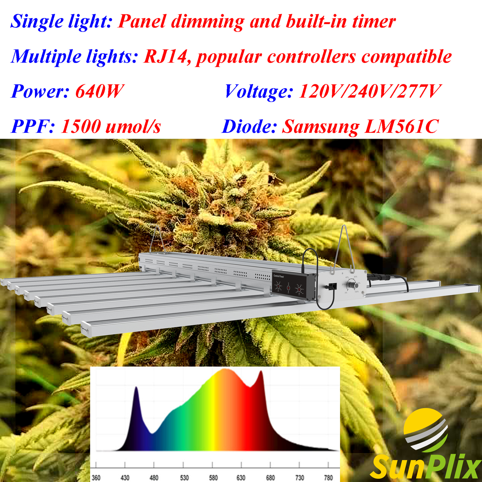SunPlix 640W 8 Bar Full Spectrum White LED Grow Light With Samsung Diodes - £399.77 GBP - £423.76 GBP