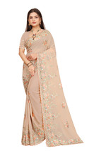 Designer Dusty Peach Resham Embroidery Work Sari Georgette Party Wear Saree - £69.56 GBP