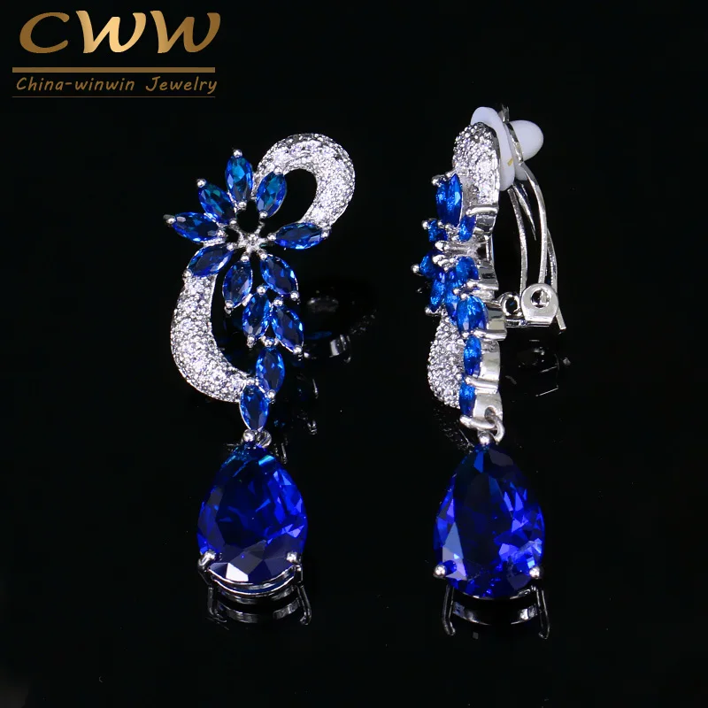 Non Pierced Vintage Royal Blue CZ Crystal Flower Shape No Hole Ear Bridal Clip E - £19.22 GBP