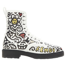 Fendi Mr Doodle Logo Graffiti Print Laced Combat Ankle Boot Women White Size 36 - $1,229.30