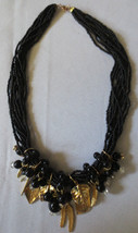 Vintage seed bead necklace with gold tone leaves and rhinestones stunning - £15.96 GBP