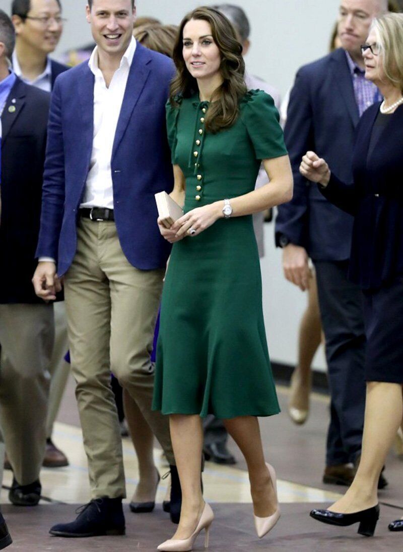 Kate Middleton Inspired Gold Button Front Silk Green Midi Sheath Dress Item image 2