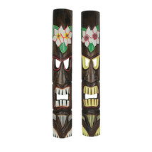 Hand Crafted Wooden Plumeria Flower Tropical Tiki Wall Masks 39 Inch Set of 2 - £55.37 GBP