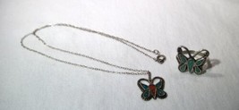 Vintage Sterling Silver Navajo Turquois Coral Inlay Butterfly Necklace/R... - £43.36 GBP