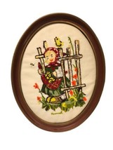 Vintage Hummel Girl By Fence Framed Cross Stitch Embroidered Needlepoint - £19.35 GBP