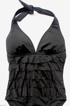 NWT Kenneth Cole Reaction Ruffled Black V-Neck Halter One Piece Swim Suit S $148 - £45.67 GBP