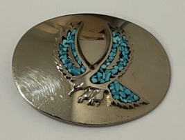 Vintage Southwestern Silver Tone Belt Buckle with Turquoise Inlay Flying Eagle - £28.19 GBP