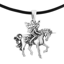 Mythical Fairy Riding Unicorn Sterling Silver Black Necklace - £23.55 GBP
