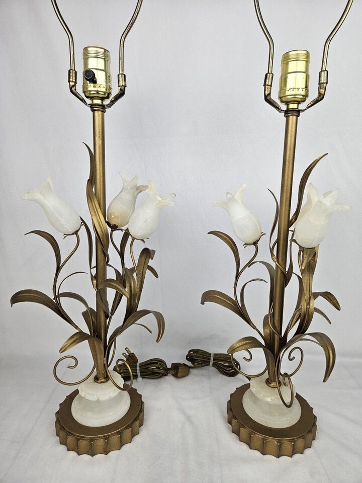 Vintage Italian Tole Tulip Lamps Pair White Alabaster Gold Leaves 20" Made Italy - $259.70