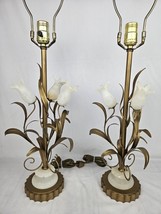 Vintage Italian Tole Tulip Lamps Pair White Alabaster Gold Leaves 20&quot; Ma... - $259.70
