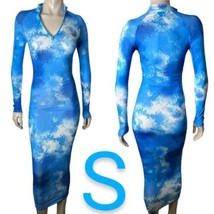 Blue Tie Dye Print Design Long Sleeve Front Mini Zipper Maxi Dress~Size S - $38.11