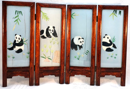 Chinese Table Screen Wood w/ Scene in Stitched Silk Sandwiched in Glass ... - $25.99