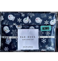 Rae Dunn Christmas Snow Globe Let It Snow King Size Sheet Set Navy Blue - £51.95 GBP