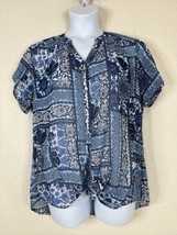 DB Womens Size XL Sheer Blue Boho Floral V-neck Button Up Tie Top Short Sleeve - £8.50 GBP