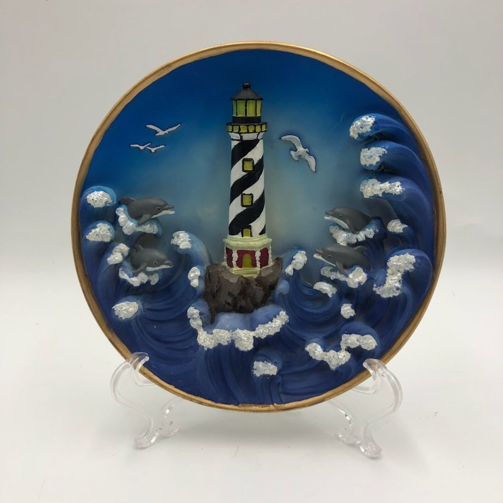 Vintage Cadona 1999 Lighthouse Collectible 3D Plate Seashore Dolphins Seagulls - $24.73