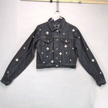 Forever 21 Embellished Black Denim Cropped Jean Jacket Women&#39;s M Pearl Gems - $30.80 CAD