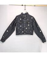 Forever 21 Embellished Black Denim Cropped Jean Jacket Women&#39;s M Pearl Gems - $30.80 CAD