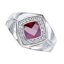 Cushion Cut Lab-Created Rhodolite June Birthstone Men&#39;s Ring White Gold Plated - £195.09 GBP