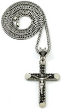 Jesus Cross Necklace New Rhinestone Two Tone Pendant &amp; 36 Inch Franco Chain - £25.76 GBP
