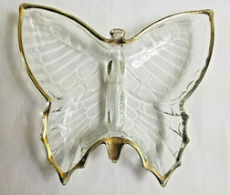 Clear Glass Butterfly Papillon Coin Candy Trinket Dish Plate Gold Trim 7&quot; - £23.97 GBP
