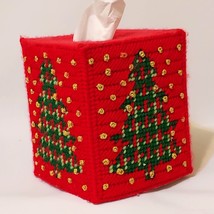 Vintage Plastic Canvas Tissue Box Cover  Christmas Tree Design  raised gold cord - £22.81 GBP