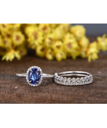 1.90Ct Oval Cut Tanzanite 14K White Gold Over Halo Style Wedding Trio Ri... - $151.40 CAD