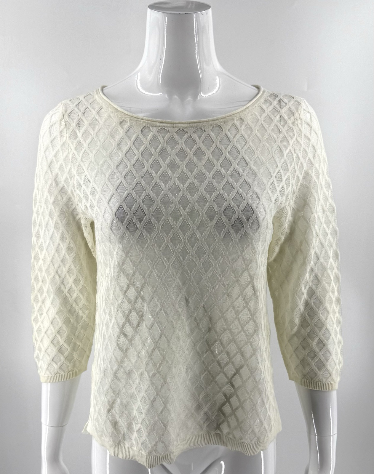 White House Black Market Ivory Womens Top Sz Medium Semi Sheer Diamond P... - $15.84