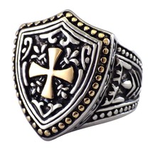 Knights Templar Ring Stainless Steel LARP Cosplay Shield Cross Band Sizes 8-15 - £14.37 GBP