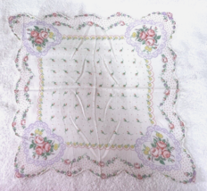 Vintage Hankie Pink Roses Lacy Purple Heart Corners Polk a Dots 12 In So... - $13.46 CAD