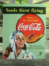 Coca-Cola Retro Tin Sign 16&quot; x 12.5&quot; Fly Girl Sends Thirst Flying 5 Cents - £10.84 GBP