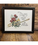 Framed Completed Counted Cross Stitch Trombone &amp; Flowers 1991 - $830.41 MXN
