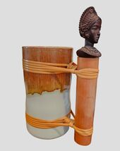 Vtg TIKI CERAMIC MUG Bamboo Rattan Handle Polynesian Warrior Head - $29.00
