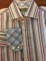 S3 Thomas Dean Sz L Multicolor Strip Flip Cuff Button Front Casual Shirt - £7.45 GBP