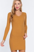 Ochre Yellow Long Sleeve V Neck Collar Sweater rib bodycon mini dress - $15.00