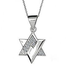 Diamond Star of David Pendant 0.21 CT 14k White Gold Rolo Chain Necklace 16&quot; - £355.32 GBP