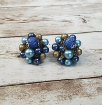 Vintage Clip On Earrings - Blue &amp; Bronze Tone Cluster Style 1&quot; - £10.38 GBP