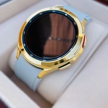Custom 24k Gold Plated 42mm Samsung Galaxy Watch 4 POLISHED Gold Bezel Gray Band - £743.71 GBP