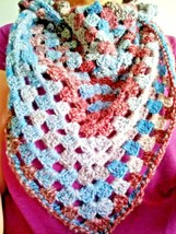 Hand Crocheted Shawl/Blanket Scarf in Blues Maroon and Greys Open Knit - £17.79 GBP