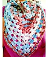 Hand Crocheted Shawl/Blanket Scarf in Blues Maroon and Greys Open Knit - £17.77 GBP