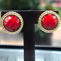 Bold Retro But Red Clip On Earrings Faceted Acrylic Round Dome Shaped Gold Tone  - £6.98 GBP