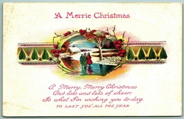 A Merrie Christmas Ice Skating Frozen Pond Poem 1925 DB Postcard I7 - £3.91 GBP