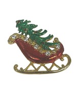 Christmas Tree Sleigh Red Green Rhinestones Pin Brooch - £7.23 GBP