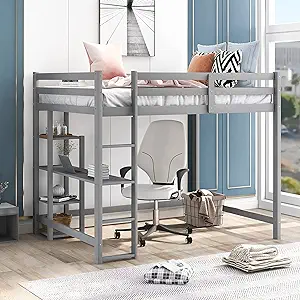 Full Size Loft Bed With Desk &amp; Shelves &amp; Ladder For Kids/Adults,Solid Wo... - $834.99