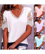 Lace Tops Women Summer Loose V Neck Short Sleeve Casual Shirts - $495.17 MXN