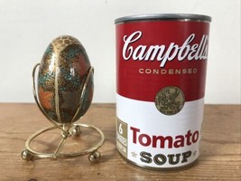 Vtg Ornate Gold Painted Wooden Decorative Lacquer Egg Figurine w Brass Stand - £39.30 GBP