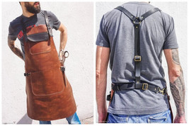 100%Cow Leather Butcher Real Back Strap Woodwork Decent Leather Brown Apron - $120.80
