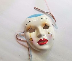 Ceramic Mask Classic Pierott Tears Flowers Glazed Hand Painted / Ribbons 7.25&quot; - £18.57 GBP