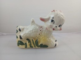 Vintage Lamb Planter Art Pottery Jumping in Grass 1950&#39;s Nursery Pink Ye... - $27.99
