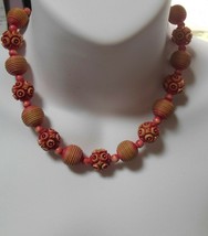 Vintage Salmon Color Grooved Carved Floral Plastic Asian Bead Choker Necklace - £27.37 GBP