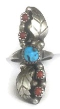 Long Navajo ring Size 5.5   Turquoise Coral Sterling Silver  Ring - $97.02